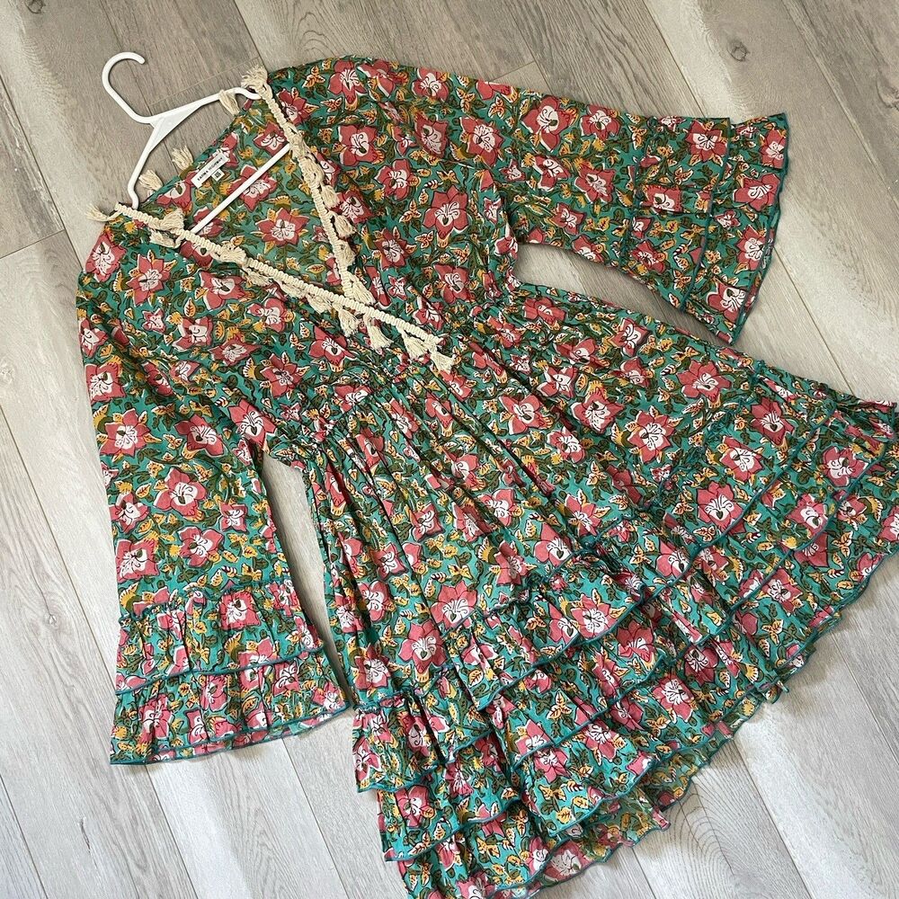 Karma Highway Dress cotton floral ruffle tiered mini womens Green (one size)